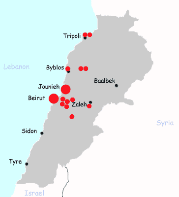 Lebanon hotels map